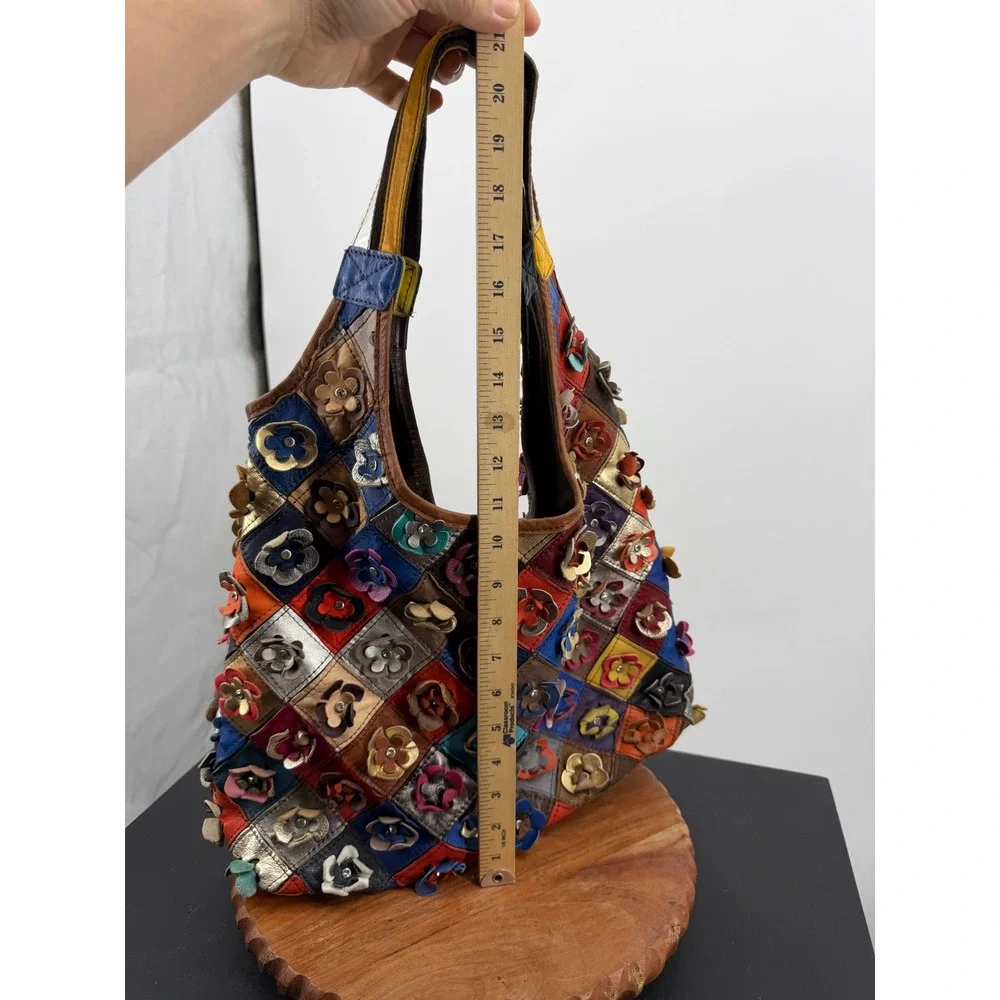 Unbranded Patchwork Floral Leather Hobo Bag Womens Medium Multi Color 3D Flower